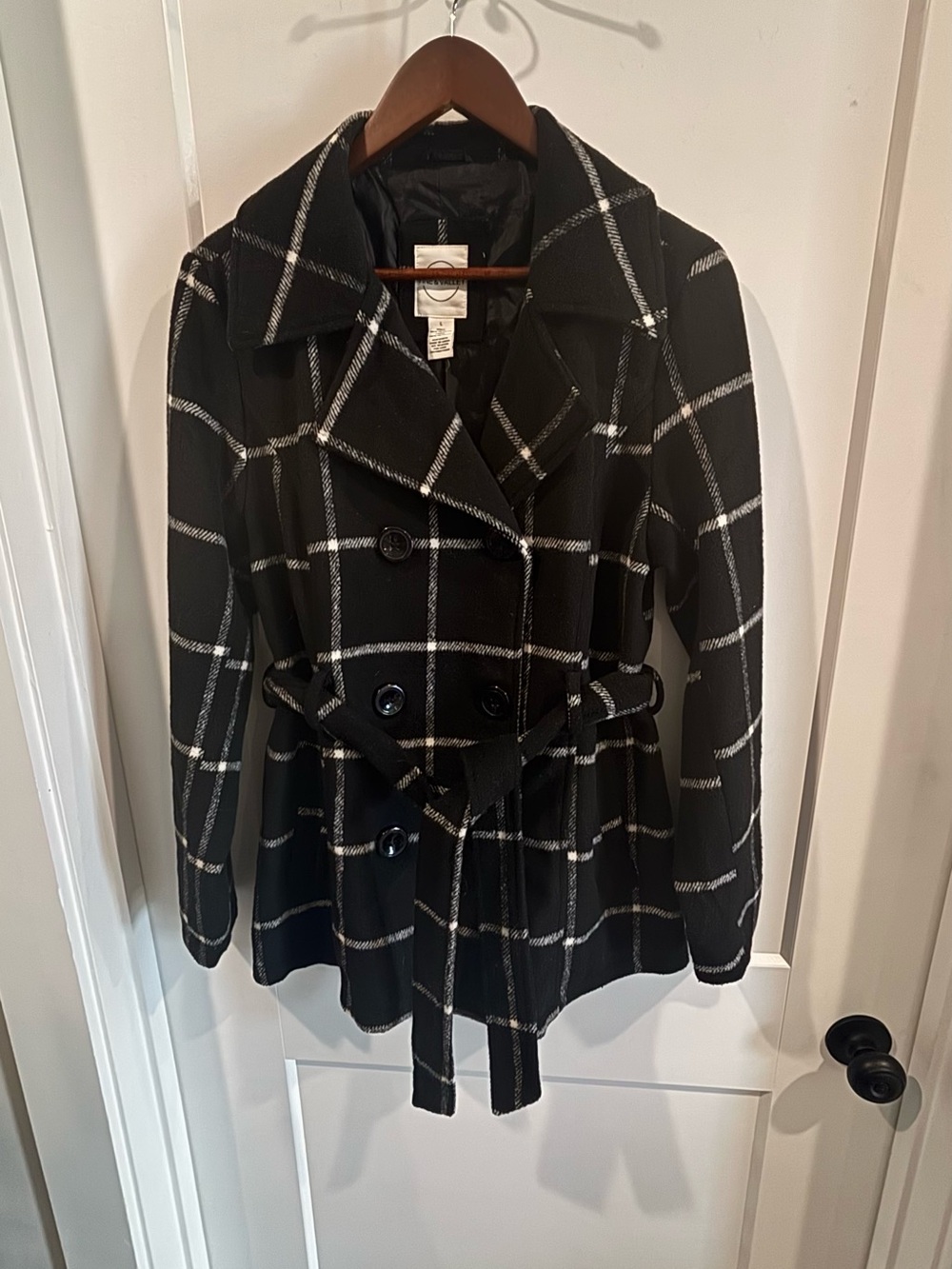 Vine $ Valley Black Windowpane Belted Peacoat with Double-Breasted Front  SZ. L